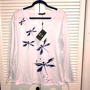 Cozy White long sleeve Navy blue Dragonfly Blouse New Size 4